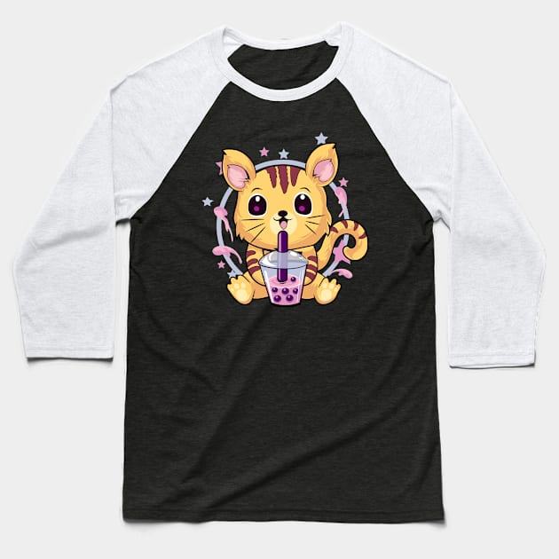 Kawaii Cat Drinking Bubble Tea Baseball T-Shirt by DionArts